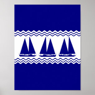 3 Segelboote in blau-weißer Küstendekoration Poster