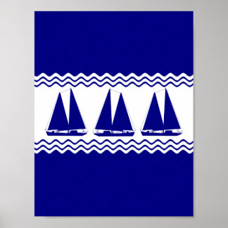 3 Segelboote in blau-weißer Küstendekoration Poster