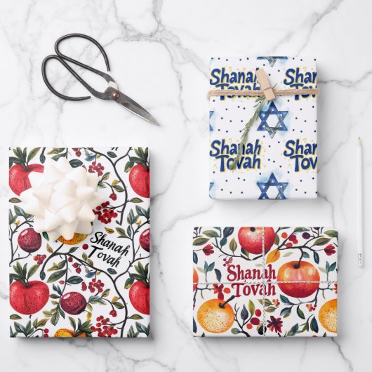 3 Shanah Tovah-Umhüllungsblätter Geschenkpapier Set (Vorderseite)