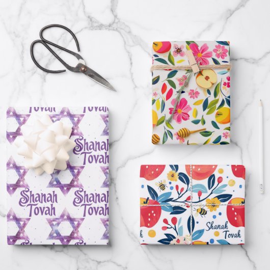 3 Shanah Tovah-Umhüllungsblätter Geschenkpapier Set (Vorderseite)