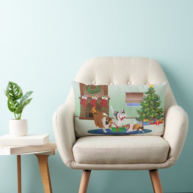 3 Shelties entpacken ein Geschenk, grün, Weihnacht Lendenkissen (Stuhl )