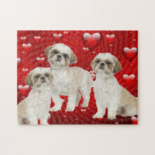 3 Shih Tzu Welpen mit Herz-Hintergrund Puzzle