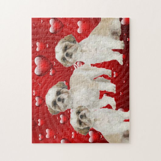 3 Shih Tzu Welpen mit Herz-Hintergrund Puzzle (Vertikal)