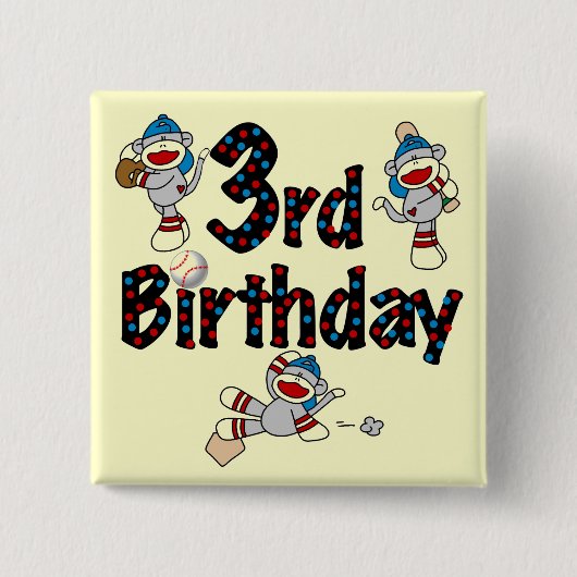 3. Sock Monkey Baseball Geburtstag Button (Vorderseite)