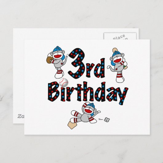 3. Sock Monkey Baseball Geburtstag Postkarte (Vorne/Hinten)