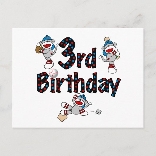 3. Sock Monkey Baseball Geburtstag Postkarte (Vorderseite)