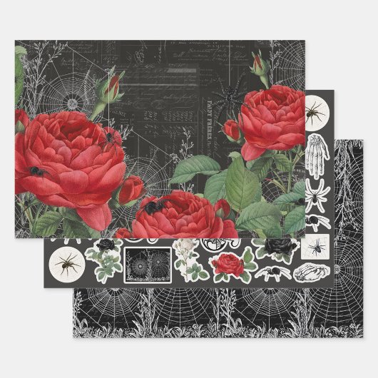 3 Spider Web-Rose Halloween Collage Ephemera Sheet Geschenkpapier Set