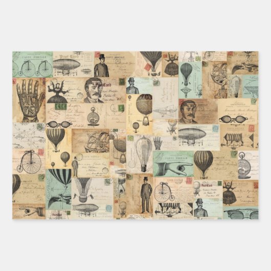 3 Steampunk Collage Ephemera Sheets Geschenkpapier Set (Vorderseite)