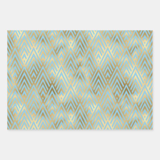 3 Stile aus Gold, Aquamarin & leicht Blau Art Deco Geschenkpapier Set (Vorderseite 3)