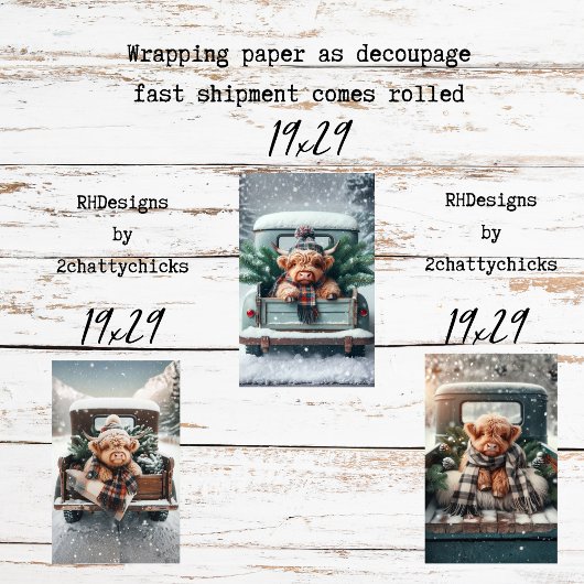 3-teiliges Geschenkpapier Decoupage Highland-Kuh Set