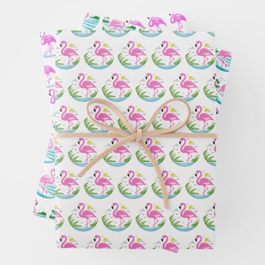 3 Tropisch rosa Flamingo-Muster Geschenkpapier Set (Beispiel)