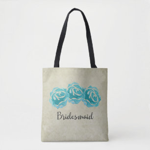 3 Türkisblaue Aquarell-Rosen auf Tan-Damaskus-Brau Tasche