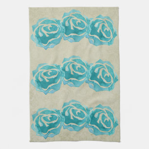 3 Türkisblaue Aquarellrosen auf braunem Damastmust Geschirrtuch