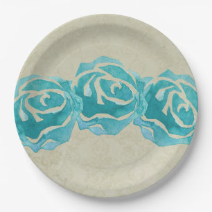 3 Türkisblaue Aquarellrosen auf braunem Damastmust Pappteller