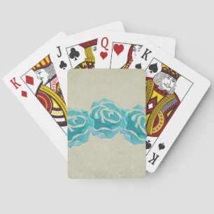 3 Türkisblaue Aquarellrosen auf braunem Damastmust Spielkarten