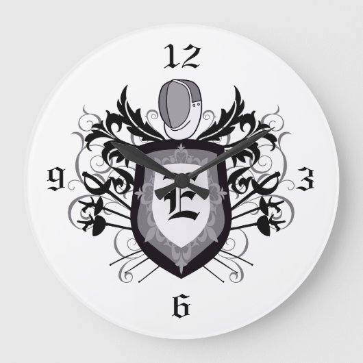 3 Weapons Crest Grey Fencing Clock Große Wanduhr (Vorderseite)