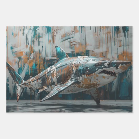 3 Whimsical Graffiti Sharks Decoupage Geschenkpapier Set (Vorderseite 3)