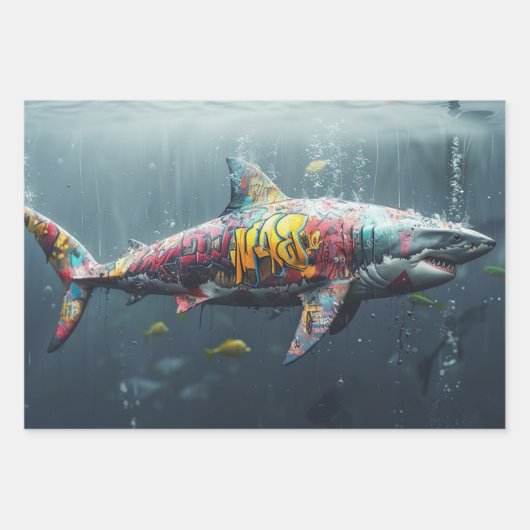 3 Whimsical Graffiti Sharks Decoupage Geschenkpapier Set (Vorderseite 2)