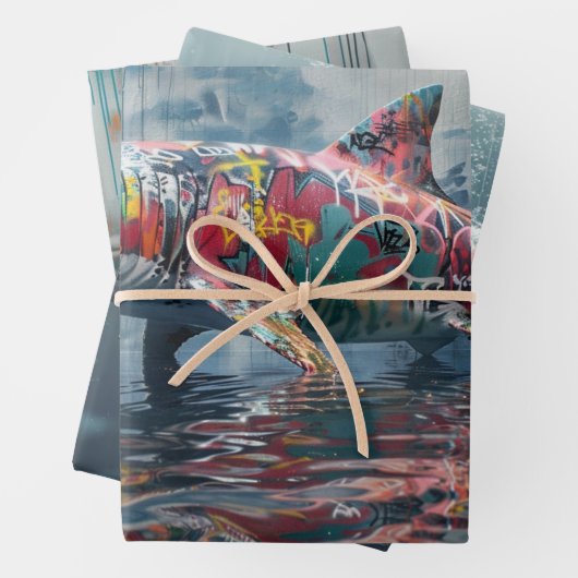 3 Whimsical Graffiti Sharks Decoupage Geschenkpapier Set (Beispiel)