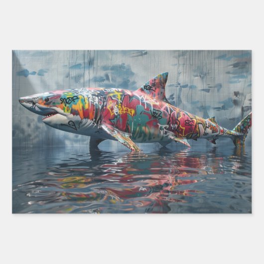 3 Whimsical Graffiti Sharks Decoupage Geschenkpapier Set (Vorderseite)