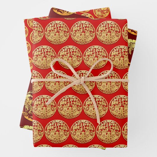 3 WP2 Gold Chinesische Papierschnitt Tiger Jahr wä Geschenkpapier Set (Beispiel)