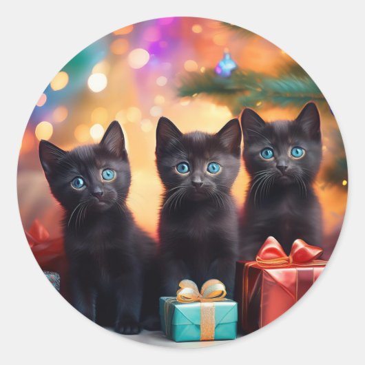 3 Young Blue Mit Augen Black Kittens Weihnachtslan Runder Aufkleber (Vorderseite)