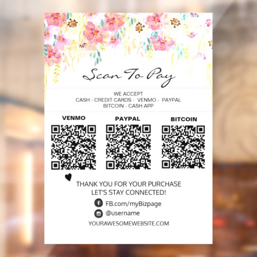 *~* 3 ZAHLUNGEN Scan to Pay QR Floral  Fensteraufkleber (Blatt 2)