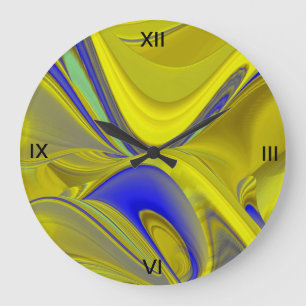 3D Abstract in Gold Yellow Blue Große Wanduhr