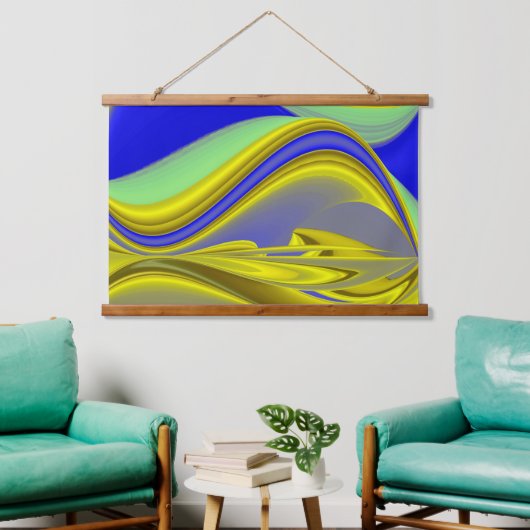 3D Abstrakt in Gelbblau Wandteppich Mit Holzrahmen (Wohnzimmer)