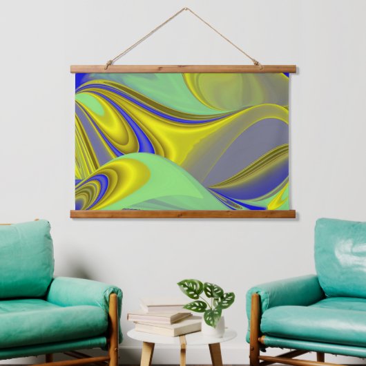 3D Abstrakt in Gelbblau Wandteppich Mit Holzrahmen (Wohnzimmer)