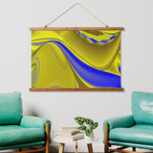 3D Abstrakt in Gelbblau Wandteppich Mit Holzrahmen