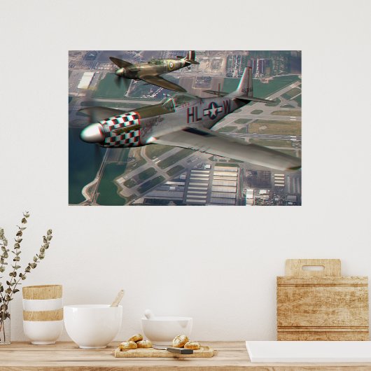 3D-Anaglyphe von P51 n Spitfire über Flugplatz Poster (Küche)