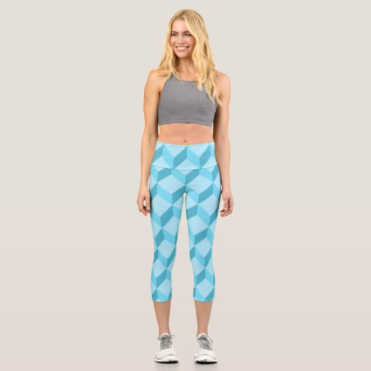 3D Aqua Blue Cubes Geometric Capri Leggings (Vorderseite)