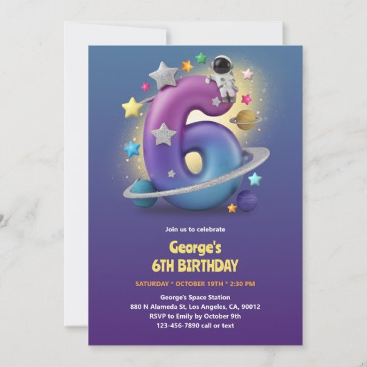3D Astronaut Outer Space Themed Junge 6. Geburtsta Einladung (Vorderseite)