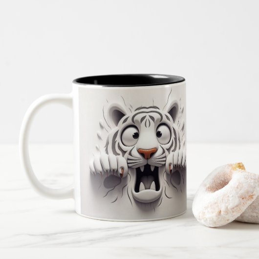 3D beängstigende weiße Tiger Funny Animals Zweifarbige Tasse (Mit Donut)