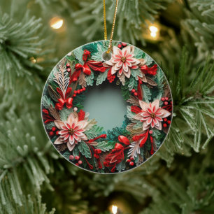 3D bestickt Look Poinsettia Weihnachtsfeier Keramik Ornament