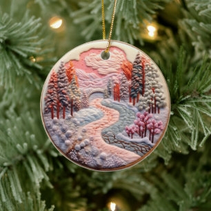 3D bestickte Ausblick Winterwaldlandschaft Keramik Ornament