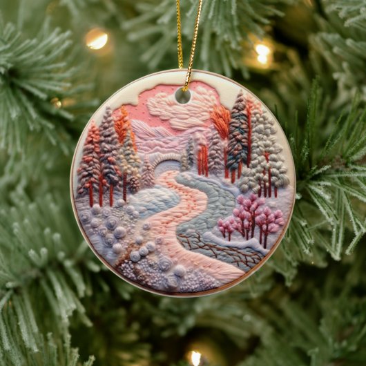 3D bestickte Ausblick Winterwaldlandschaft Keramik Ornament (Baum)