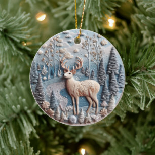 3D bestickter Look Hirschwinterwaldlandschaft Keramik Ornament