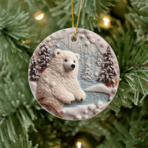 3D bestickter Look Polar Bären Weihnachten Keramik Ornament