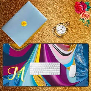 3D Blau Lila Gold Monogramm Verflüssigt Abstract Schreibtischunterlage