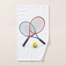 3D blaue und rote Tennis-Schläger und Ball