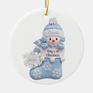 3D Blauer Schneemann Strumpf Baby 1. Weihnachten Keramik Ornament