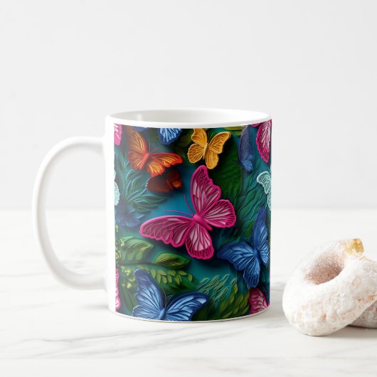 3D Blickende, leuchtend farbige Schmetterlinge Kaffeetasse (Mit Donut)