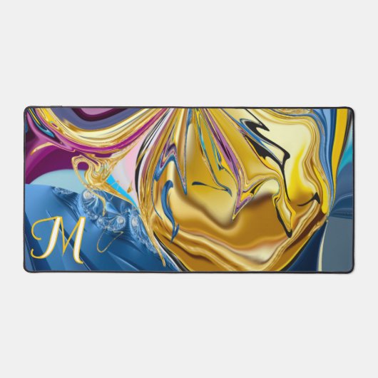 3D Blue Gold Stone Shape Monogram Liquid Abstrakt Schreibtischunterlage (Vorderseite)
