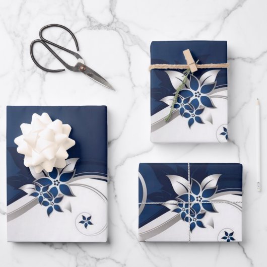 3D-Blume blau und weiß Tischlampe Getränkekitte Geschenkpapier Set (Vorderseite)