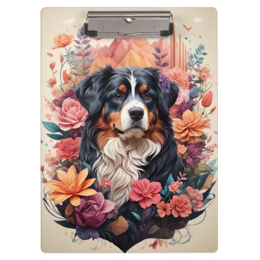 3D Blumenfantasy Bernese Mountain Dog Birds View Klemmbrett (Vorderseite)