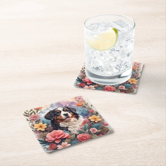 3D Blumenfantasy Bernese Mountain Dog Birds View Rechteckiger Pappuntersetzer (Vor Ort)