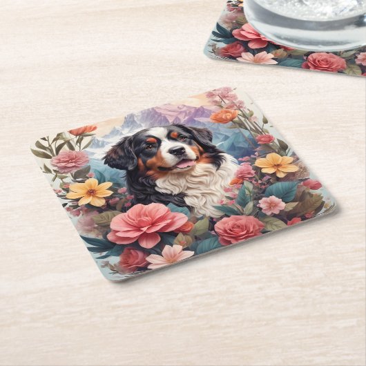 3D Blumenfantasy Bernese Mountain Dog Birds View Rechteckiger Pappuntersetzer (angewinkelt)