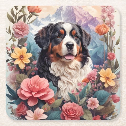 3D Blumenfantasy Bernese Mountain Dog Birds View Rechteckiger Pappuntersetzer (Vorderseite)